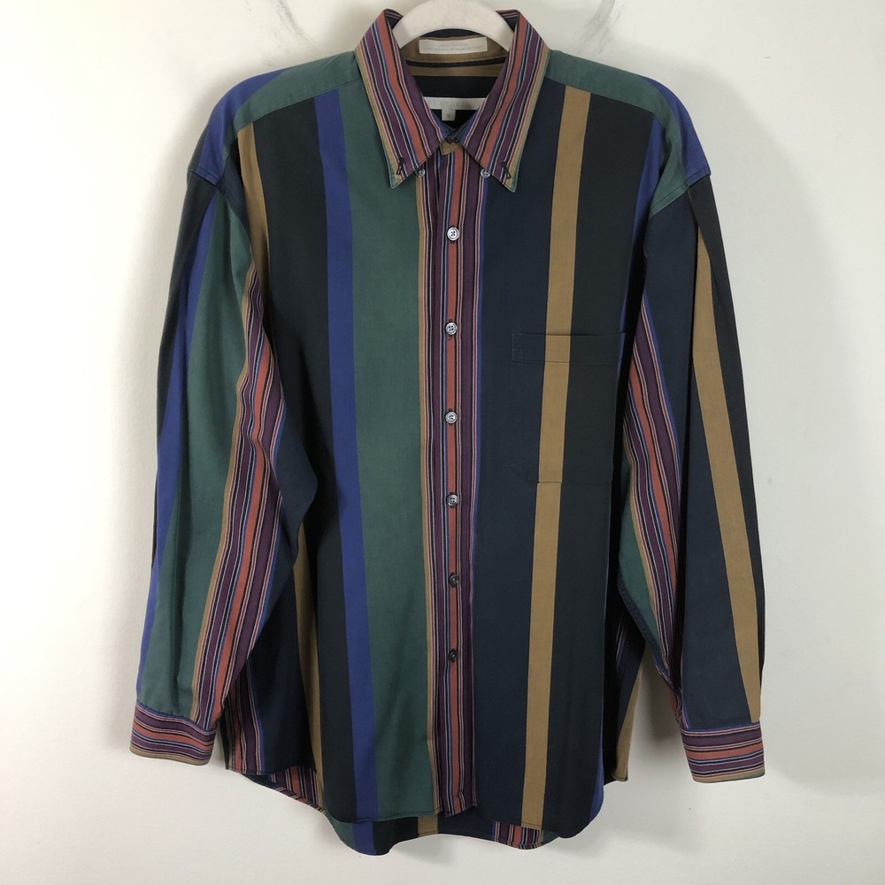 Perry Ellis Stripe Long Sleeve Button Up Dress Shirt Mens XL Multicolor Cotton